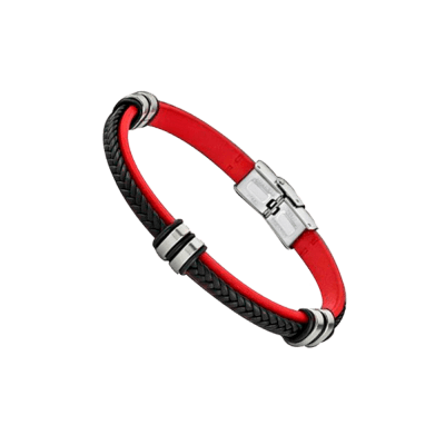 Pulsera LOTUS STYLE Acero Piel Negro Y Rojo
