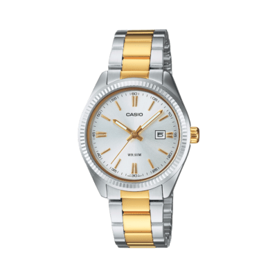 Reloj CASIO Bicolor Mujer Esfera Blanca Con Índices Bisel Estriado