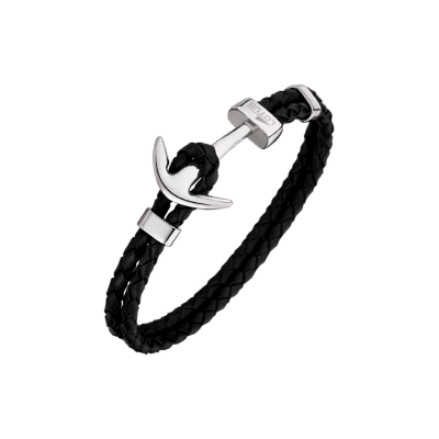 Pulsera LOTUS STYLE Acero y Cuero Negro URBAN MAN Ancla Plateada