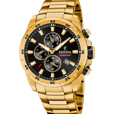 Reloj FESTINA Hombre CHRONO SPORTS Acero Dorado Esfera Negra Con Calendario