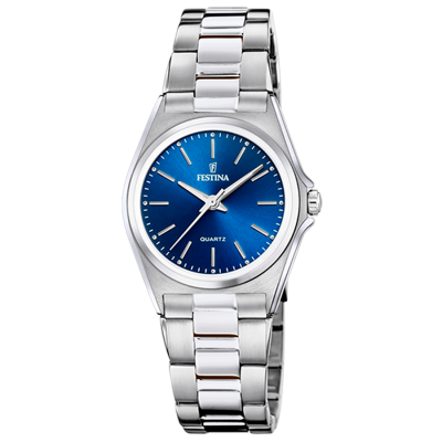 Reloj Festina Señora Clásico Acero Inoxidable Plateado Números Rayas Esfera Azul