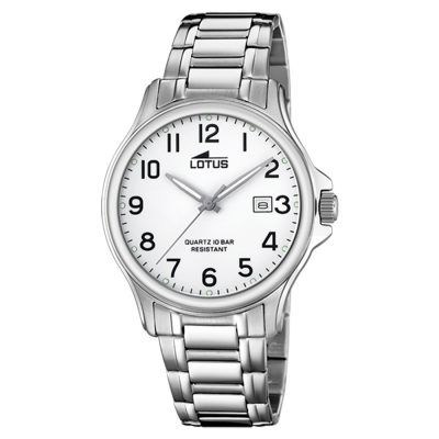 Reloj Lotus ACERO CLÁSICO Caballero Plateado Esfera Blanca Números Negros 100 Metros