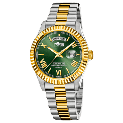 Reloj Caballero Lotus FREEDOM COLLECTION Acero Bicolor Dorado Esfera Verde Bisel Facetado