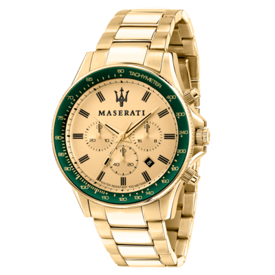 Reloj MASERATI Caballero Acero Dorado, Bisel Verde Y Esfera Dorada