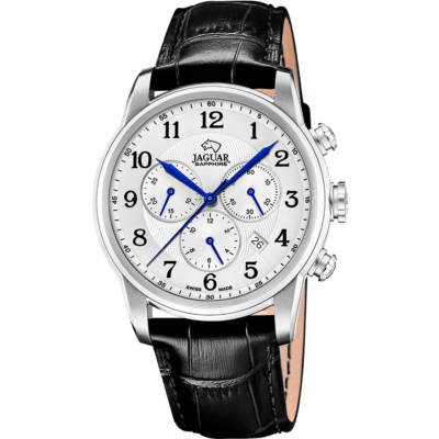 Reloj JAGUAR Hombre ACAMAR Cronógrafo Correa Piel Negra y Esfera Plateado Con Azul