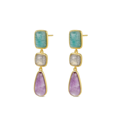 Pendientes Plata Chapada LA VIDA Amazonita, Labradorita Y Amatista