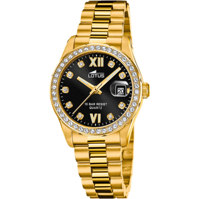 Reloj LOTUS Mujer FREEDOM Acero Dorado Esfera Negro Con Calendario Y Bisel Circonitas