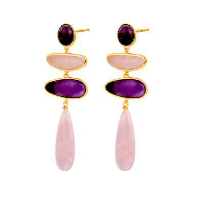 Pendientes Largos LA VIDA Plata Chapada Cuarzo Rosa Y Amatista