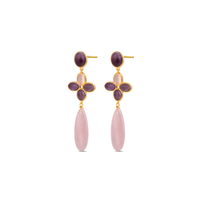 Pendientes Largos LA VIDA Plata Chapada Flor Cuarzo Rosa Y Amatista
