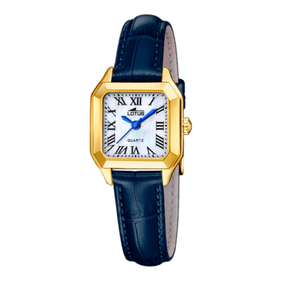 Reloj LOTUS Mujer OLD MONEY Dorado Correa Azul Cuadrado Esfera Blanca Con Números Romanos