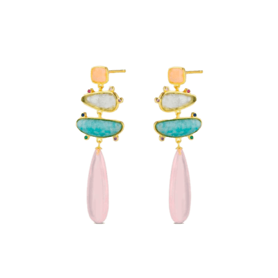 Pendientes Plata Chapada LA VIDA Cuarzo Rosa Y Amazonita