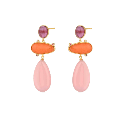 Pendientes Largos Plata Chapada LA VIDA Amatista, Cuarzo Rosa Y Aventurina