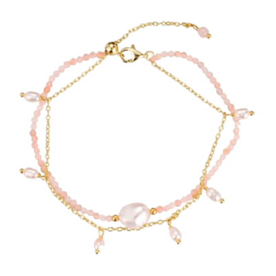 Pulsera Doble Plata Chapada LA VIDA Cuarzo Rosa Y Perla