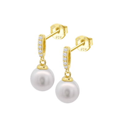 Pendientes Plata Dorada Mujer LOTUS SILVER PEARLS Largos Perla Circonitas Blancas